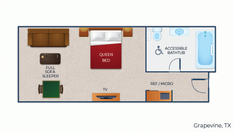 The floor plan for the accessible bathtub Queen Sofa Suite